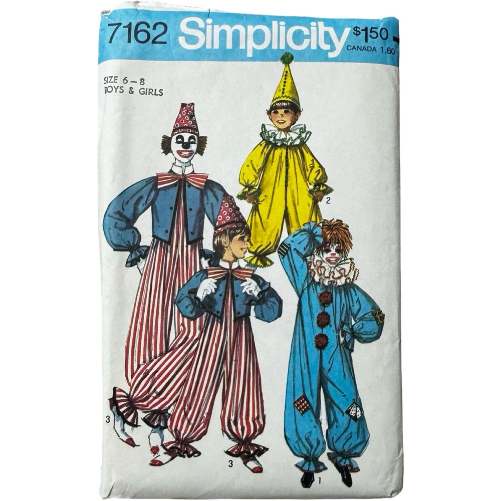 Vintage Simplicity 7162 Clown‎ Costume Pattern Kids Sz 6-8 Uncut